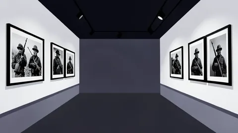 A dimly lit exhibition hall with framed black-and-white photographs of soldiers hanging on white walls