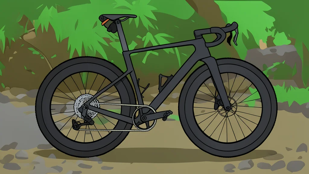 A carbon fiber gravel bicycle frame with deep-section wheels and knobby tires resting on a gravel path