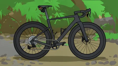 A carbon fiber gravel bicycle frame with deep-section wheels and knobby tires resting on a gravel path