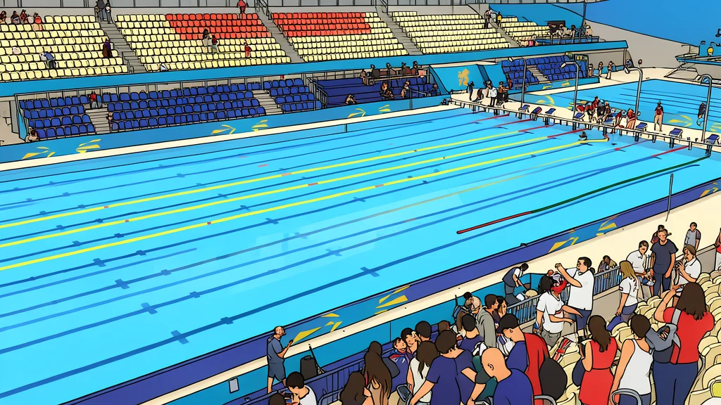 A large indoor swimming pool with blue water and lane ropes