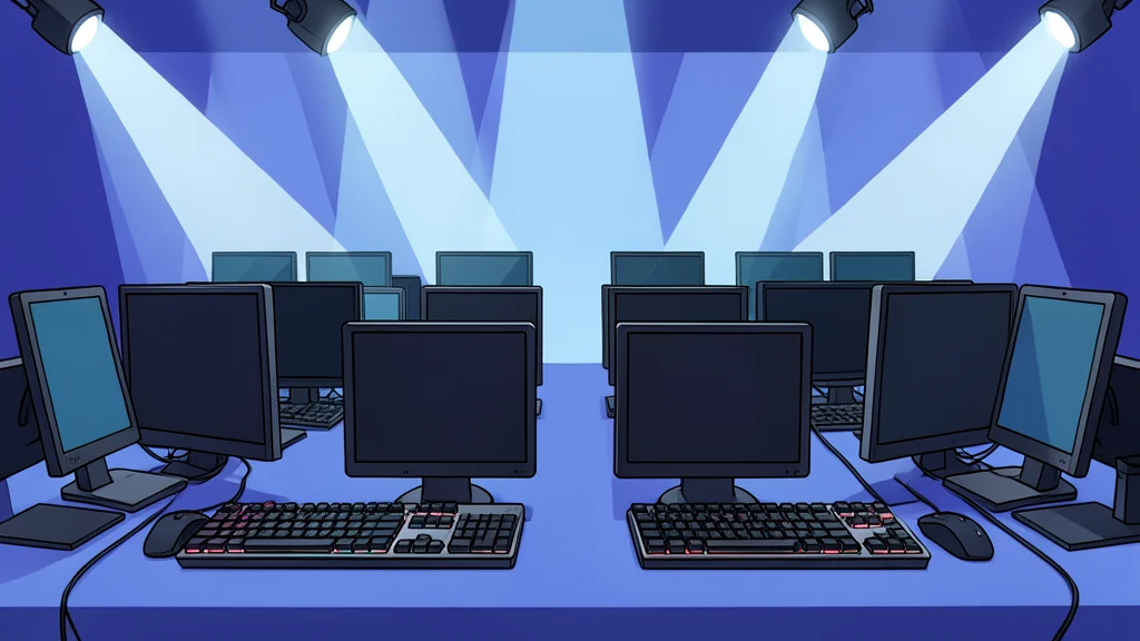 A competitive gaming arena with rows of high-performance desktop computers and mechanical keyboards under stage lighting
