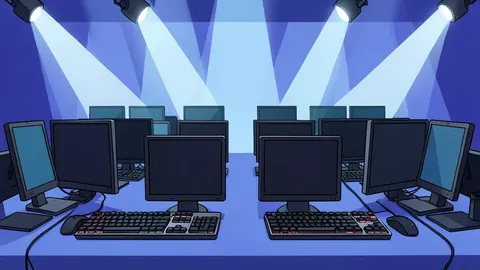 A competitive gaming arena with rows of high-performance desktop computers and mechanical keyboards under stage lighting