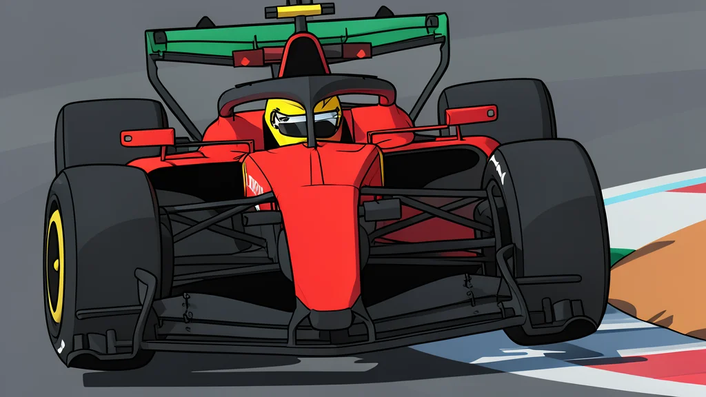 A red Formula 1 car with a large rear wing and slick tires parked on a tarmac pit lane