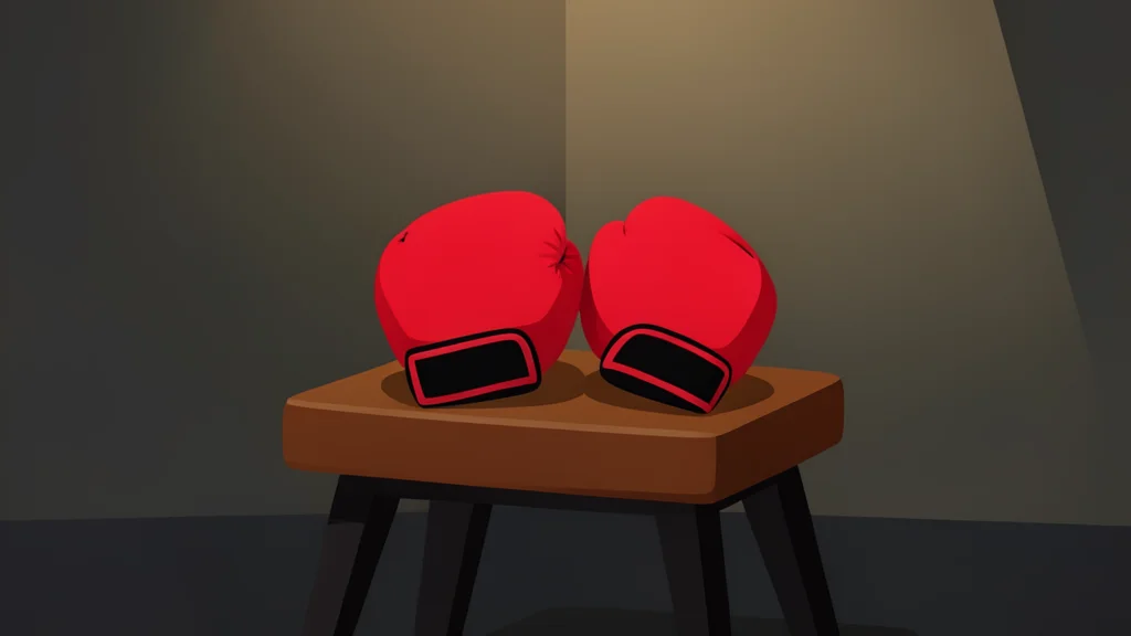 A pair of red boxing gloves resting on a leather stool in a dimly lit gym corner.