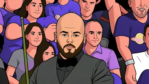 A polished green snooker table with a triangular rack of colored balls and a wooden cue resting on the side.