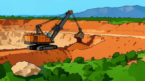 A vast open-pit mine in a desert landscape with heavy excavators digging into reddish earth