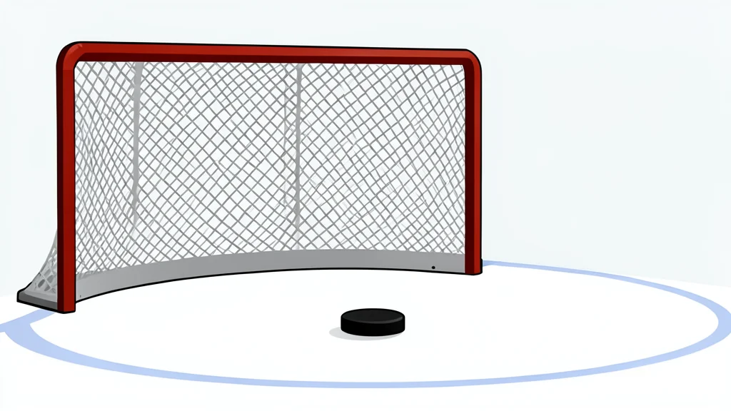 A flat vector illustration of an ice hockey rink with a goal net and a puck on white ice.
