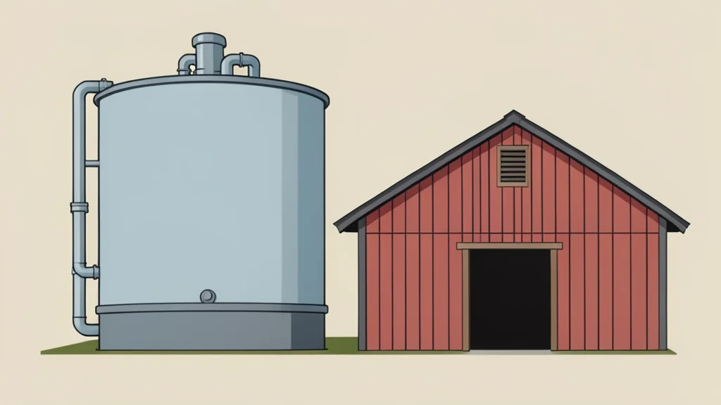 A large industrial anaerobic digester tank situated next to a livestock barn