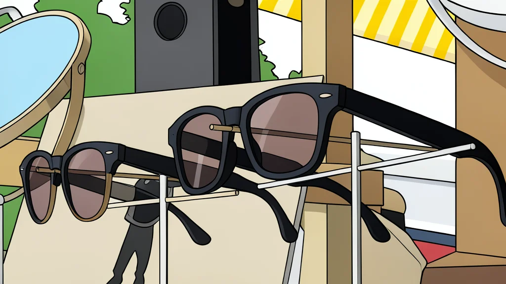 A pair of sleek, camera-less smart glasses with thin temple arms resting on a neutral surface