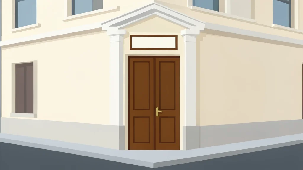 A classical European-style building facade with a closed wooden door and a small plaque above the entrance, situated on a quiet street corner.