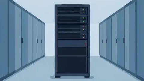 A server rack with blinking status lights in a data center