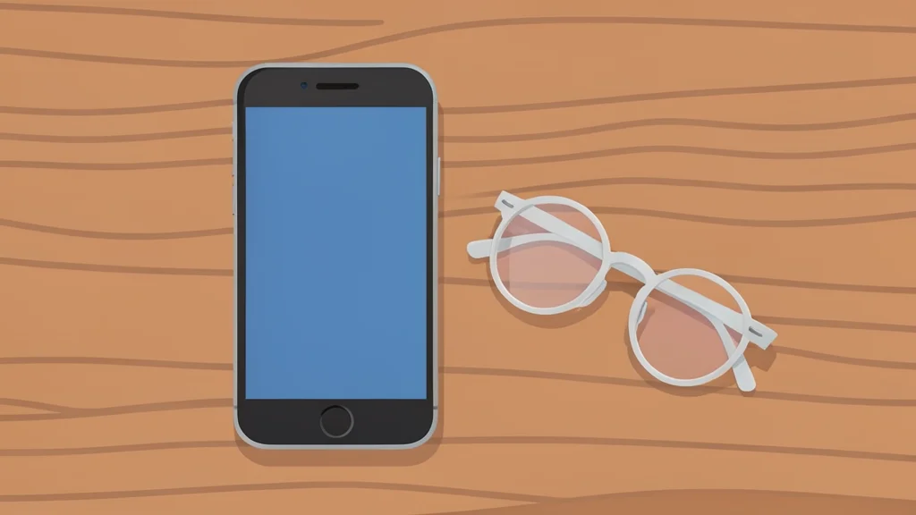 A flat vector illustration of a smartphone on a wooden desk next to reading glasses.
