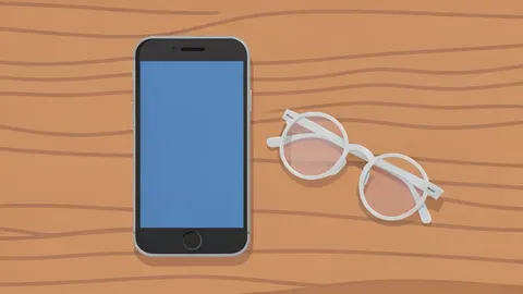 A flat vector illustration of a smartphone on a wooden desk next to reading glasses.