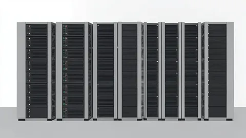 Rows of server racks in a data center