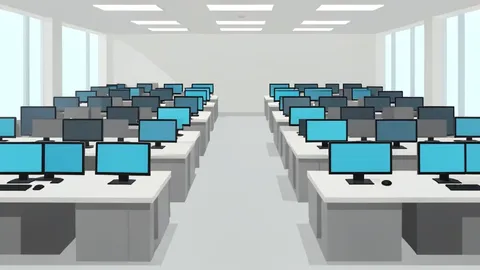 A modern stock exchange trading floor with rows of desks and monitors