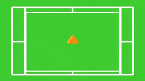 A grassy sports field with white boundary lines and a small orange cone