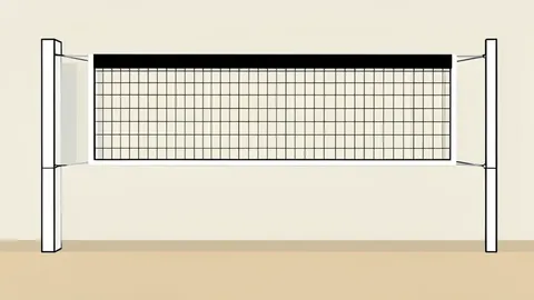 A high school gymnasium with a volleyball net stretched across the center of a polished wooden court