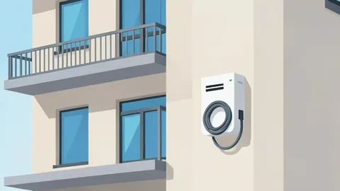 A flat-vector illustration of a modular electric vehicle charging unit mounted on the exterior wall of a multi-story apartment building.