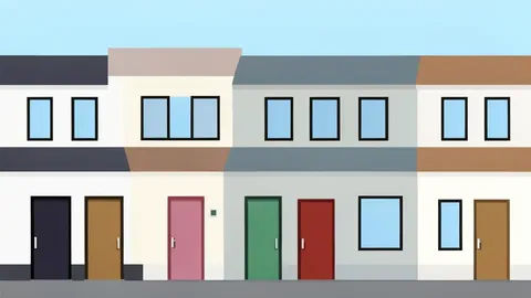 A row of terraced houses with front doors and windows