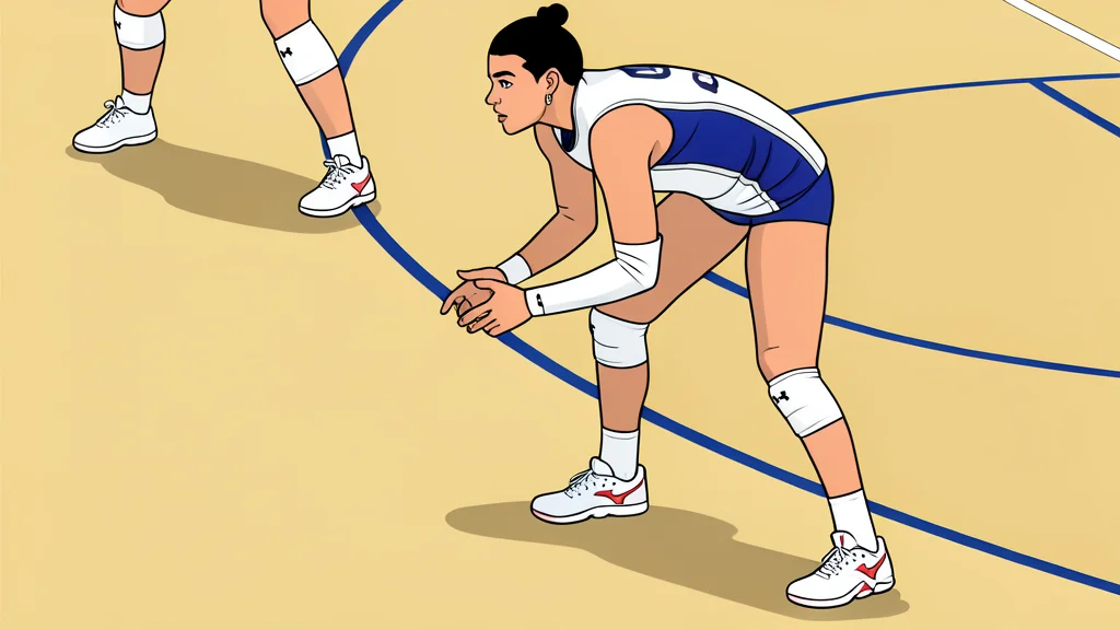 A white volleyball suspended in mid-air above a blue and white net in an indoor gymnasium