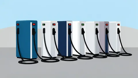 A row of electric vehicle charging stations with cables coiled on the ground