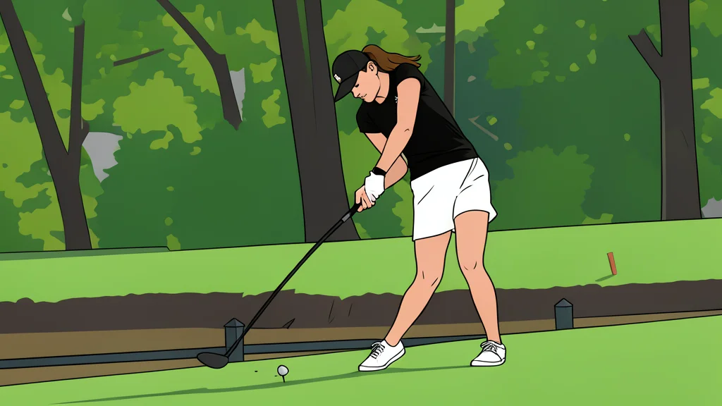 A manicured golf course fairway stretches toward a distant flagstick in a hole under a clear sky.
