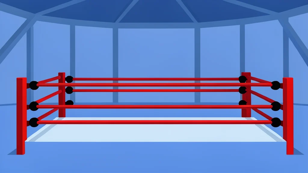 A wrestling ring with red ropes and turnbuckles in an indoor arena