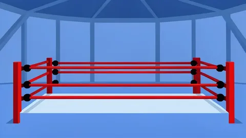 A wrestling ring with red ropes and turnbuckles in an indoor arena