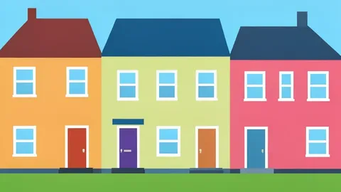 A row of terraced houses with front doors and windows