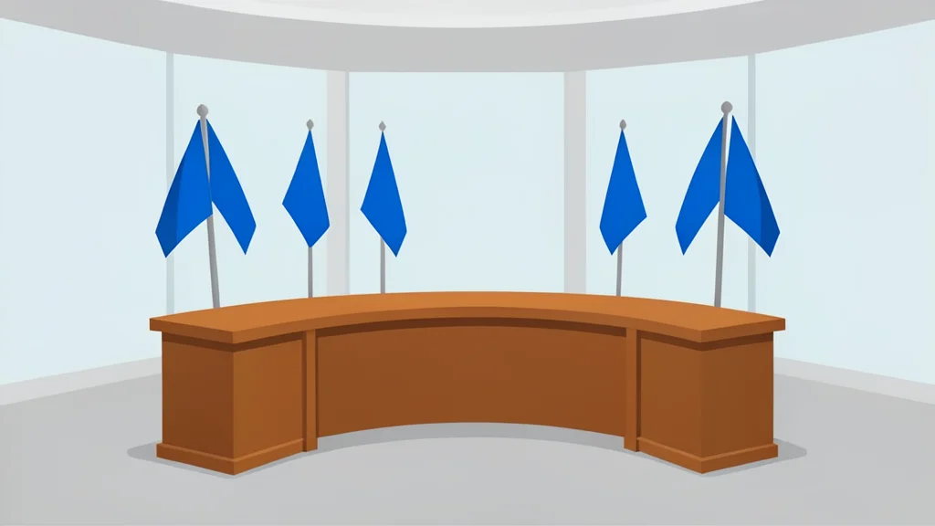 A stylized view of the curved wooden desks and blue flags in the United Nations Security Council chamber.