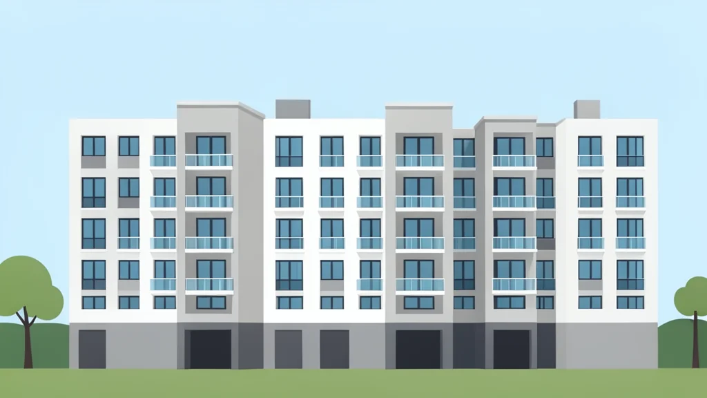A modern apartment building complex with multiple residential units and balconies