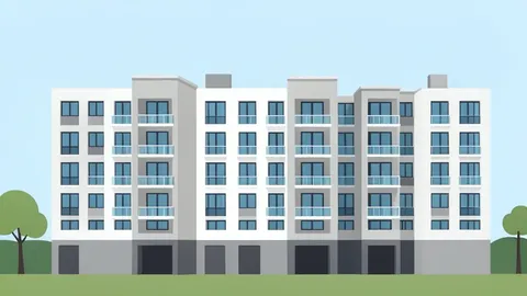 A modern apartment building complex with multiple residential units and balconies