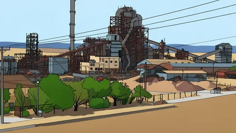 A large industrial mining facility with conveyor belts situated on the dry, cracked shoreline of a salt lake.