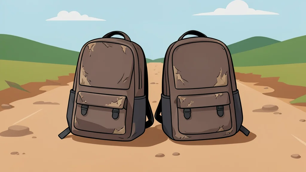 A pair of worn backpacks resting on a dusty roadside
