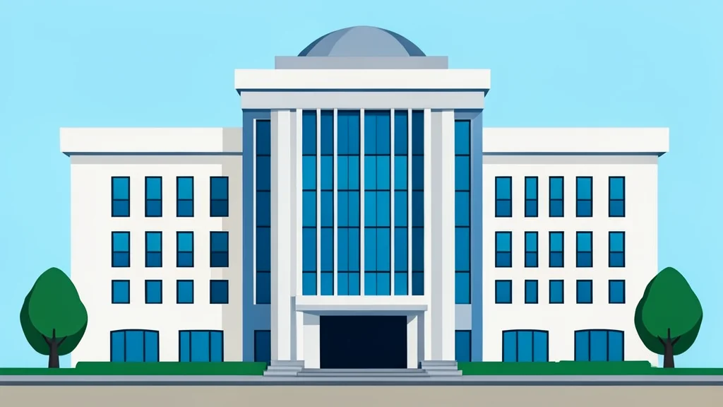 A flat-vector illustration of the United Nations headquarters building facade with clean lines and neutral colors.