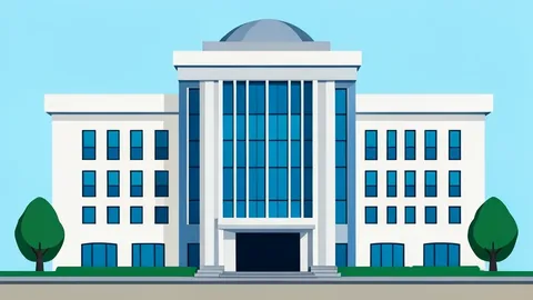 A flat-vector illustration of the United Nations headquarters building facade with clean lines and neutral colors.
