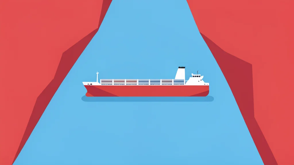 A flat vector illustration of a cargo ship navigating the Red Sea coastline near the Bab el-Mandeb strait.