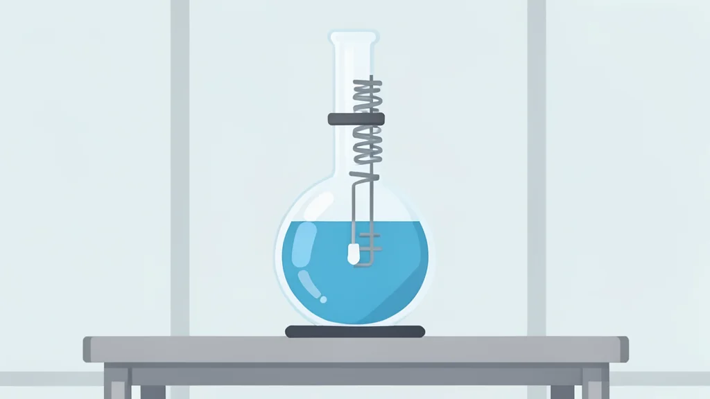 A laboratory glass reactor with a condenser coil, sitting on a stainless steel bench in a cleanroom environment.