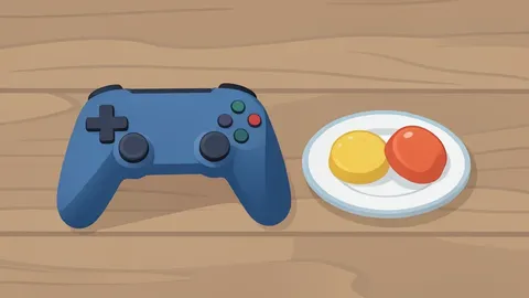 A video game controller resting on a wooden table next to a small plate of food samples