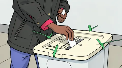 A ballot box and a stack of paper ballots