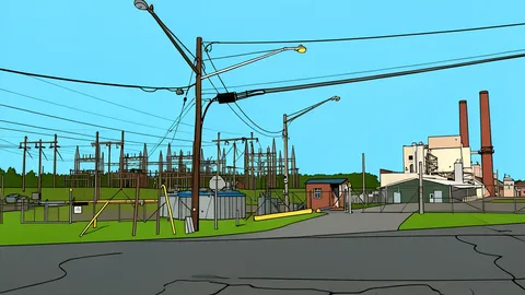 A large industrial power plant with cooling towers and transmission lines.