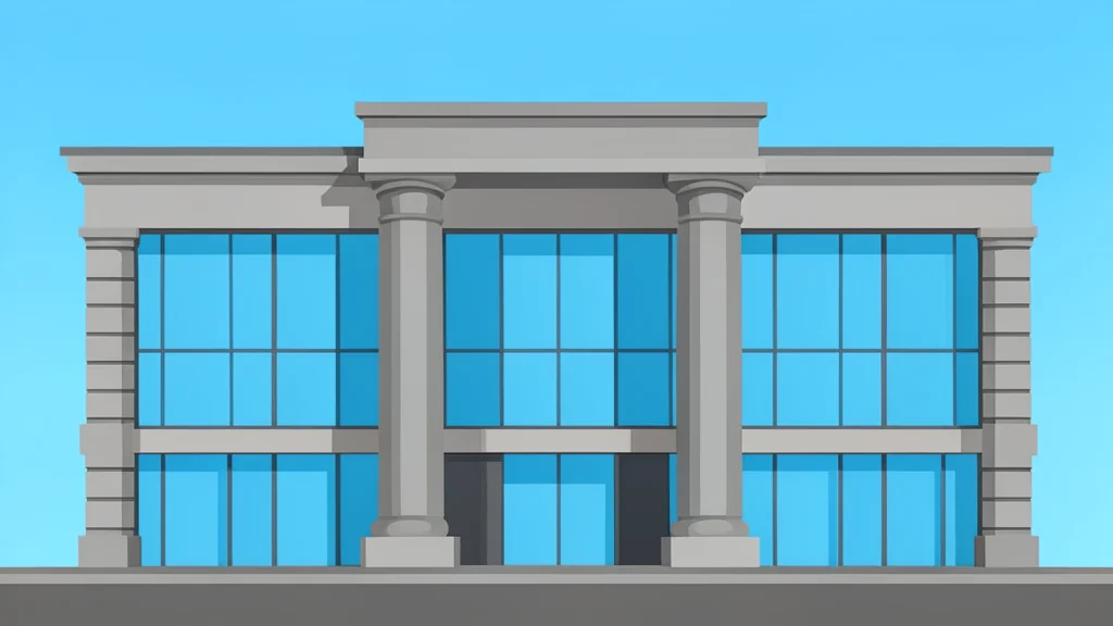 A modern central bank building facade with large glass windows and stone columns