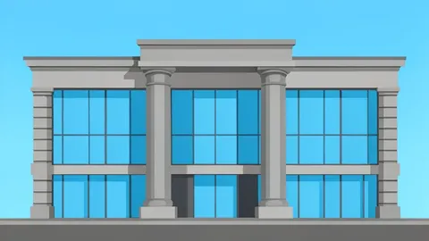 A modern central bank building facade with large glass windows and stone columns