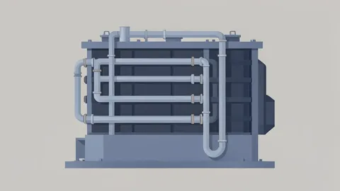A large industrial fuel cell stack unit with visible metal piping and heat exchangers