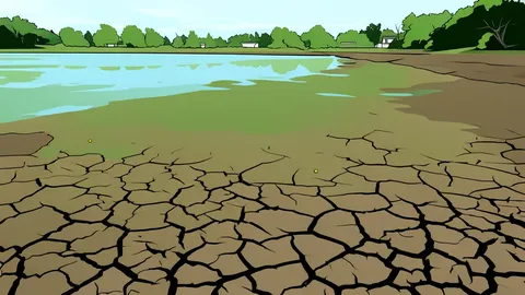 A dry, cracked earth landscape surrounding a shrinking water reservoir.