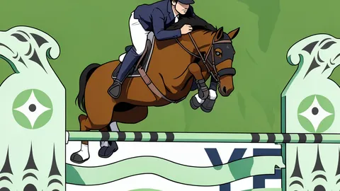 A show jumping course with white fences and green grass