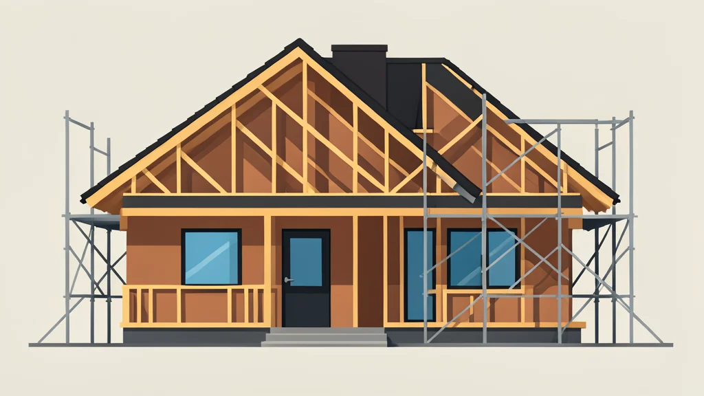 A wooden frame house under construction with scaffolding