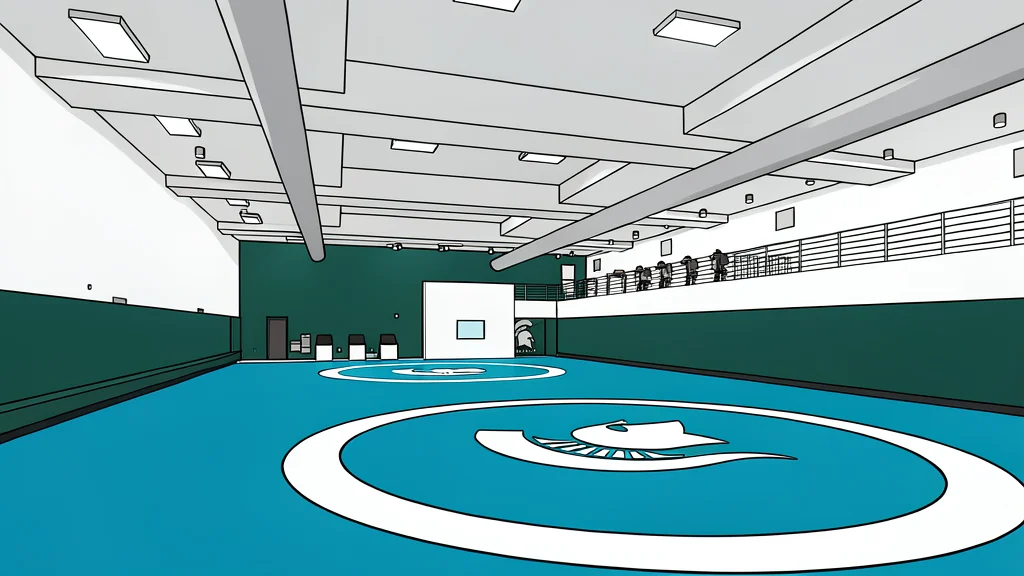 A flat vector illustration of a wrestling mat with distinct red and blue sections.
