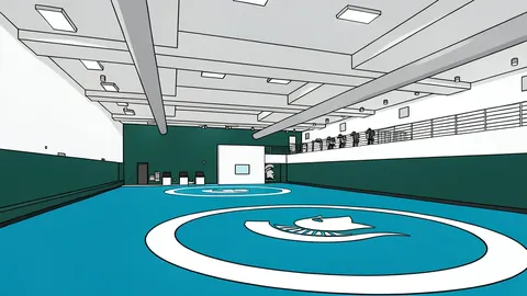 A flat vector illustration of a wrestling mat with distinct red and blue sections.