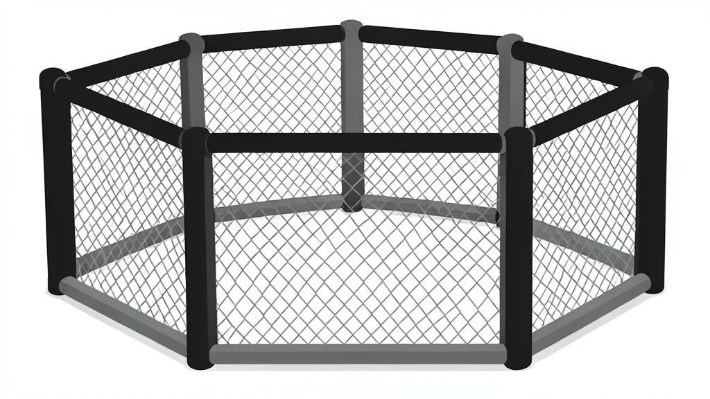 A close-up view of a mixed martial arts octagon cage with padded posts and chain-link fencing.